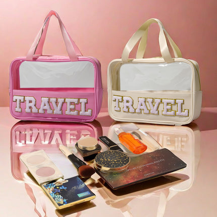 Cross-border New PU Transparent Portable Cosmetic Bag Large Capacity Toiletry Bag Portable Cosmetic Bag Travel Storage Bag