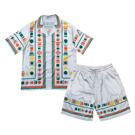 Foreign Trade Casual Hawaiian Beach Printed Short-Sleeved Shirt Cuban Collar European and American Retro Vacation Shorts Two-Piece Set