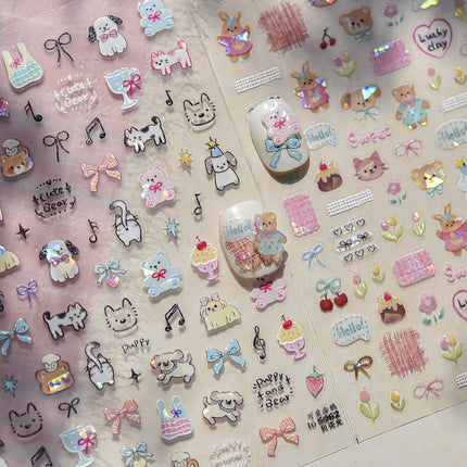 Cute Pet Graffiti Nail Art Stickers Embossed 3D Stereo 5D Cute Little Panda Cat Dog Nail Sticker Decoration