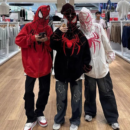 American Style Fried Street Spider Embroidered Zipper Cardigan Sweater Men's and Women's Autumn Loose Couple's oversize Hooded Jacket