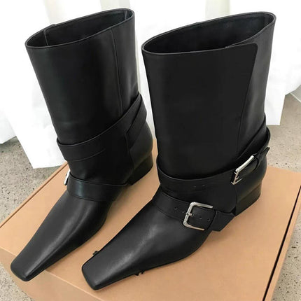 Korean Style Niche Square Toe Thick Heel Slim Boots for Women 2025 Spring New Suede Belt Buckle Retro Western Short Boots