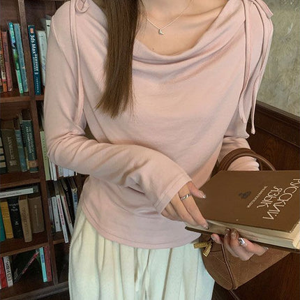 Curly Edge Swing Collar Lazy Style Knitwear 2025 Summer New Korean Style Slim Long-Sleeved Inner Layering Shirt Top for Women