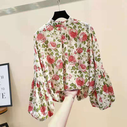 Spring New Fashion Floral Silk Shirt Women's Design Sense Niche Chiffon Lantern Sleeve Shirt Lace Shirt, Snow