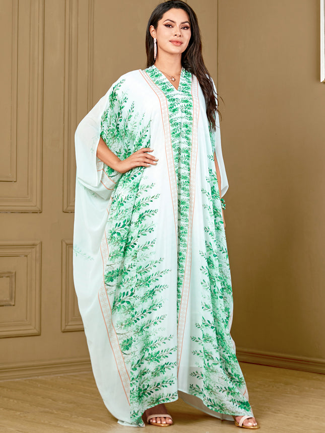 4016 Middle East Cross-Border Plus Size Women's Clothing Arabian Clothing Printed Bat Sleeve Plant Flower Loose Dress
