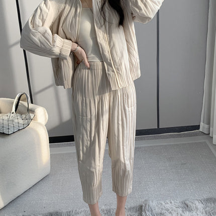Winter cotton-padded clothes cotton-padded jacket suit women's fashion upscale women's clothing Miyake high-end clothes casual wind wear a complete set