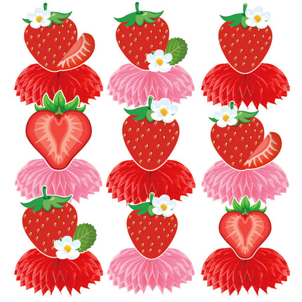 European and American Strawberry Birthday Theme Party Supplies Flags, Flowers, Honeycomb Table Decorations, Desktop Table Decorations