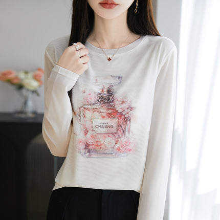European Station Spring New Rhinestone Printed Tencel Long-Sleeve T-Shirt for Women Casual Fashion White Base Shirt Top Ins