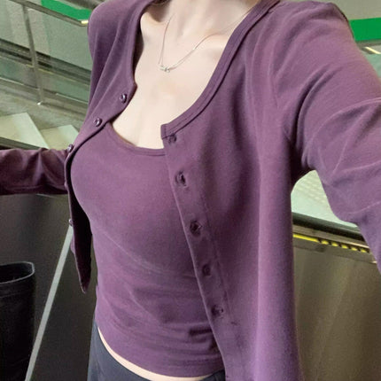 2025 New Design Purple Camisole Knitted Cardigan Short Top Two-Piece Set for Women