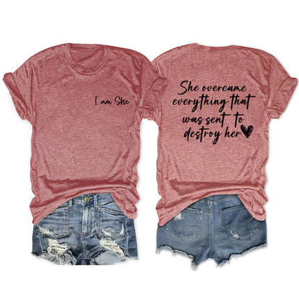 Amazon double-sided printed summer round neck short sleeve she overcame everthing loose all-match T-shirt