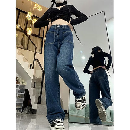 American retro small fleece-lined high waist jeans women's autumn and winter chubby girl plus size straight wide leg mop pants fashion
