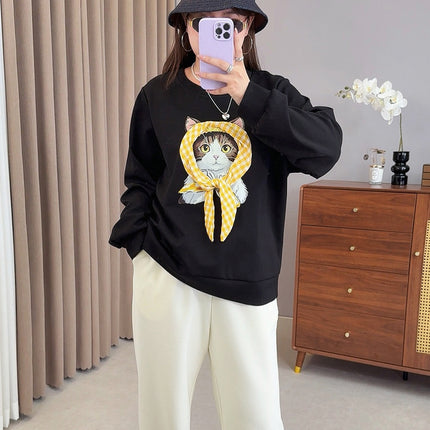 Shuangtian 2025 New Autum Fat Girl Plus Size Women's Sweatshirt Sweet Kitten Turban Round Neck Sweatshirt Women 9052