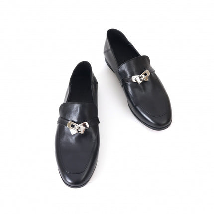 Lock Retro Square Head Horse Leather Shoes Slip-on Loafers Women's 930 Leather Shoes
