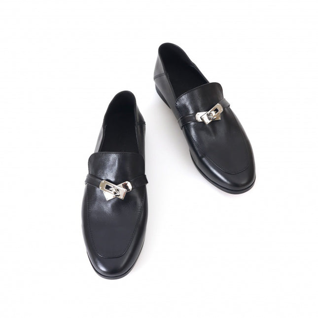 Lock Retro Square Head Horse Leather Shoes Slip-on Loafers Women's 930 Leather Shoes