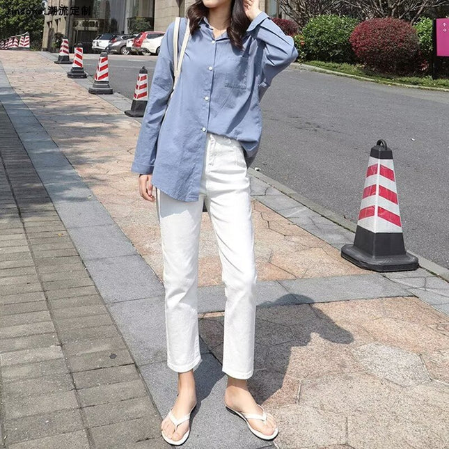 Korean Style High-Waisted Straight Jeans for Women in Spring and Summer New Trendy Brand Loose White Versatile Slimming Look Cigarette Pipe Nine-Point Pants