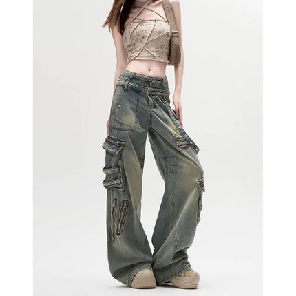 American Style Hot Girl Retro Heavy Industry Design Sense Heavy Industry Multi-Pocket Denim Overalls Women's Autumn and Winter Loose Mop Pants