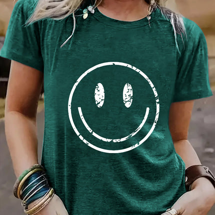 Amazon European and American summer women's smiling face pattern round neck short sleeve casual fashion T-shirt foreign trade women's explosive