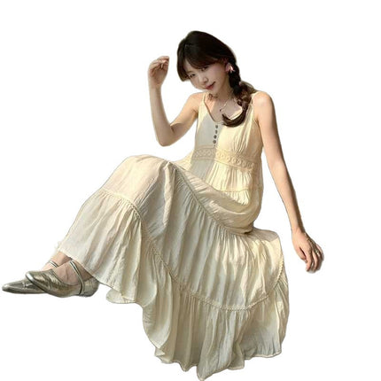 Plus Size French Gentle Style Off-White Suspender Skirt Feminine Goddess Style High Waist Lace Cardigan Suit Long Skirt
