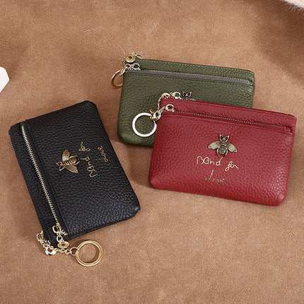 First Layer Cowhide European and American Little Bee Women's Zipper Genuine Leather Coin Purse Genuine Leather Key Ring Bag Mini Coin Bag