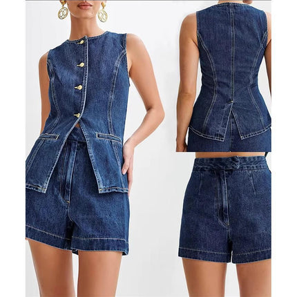 Women's Clothing Set Wish Space Station Cross-Border Independent Station Ready-Made Fashion Brand Sleeveless Denim Shorts Set