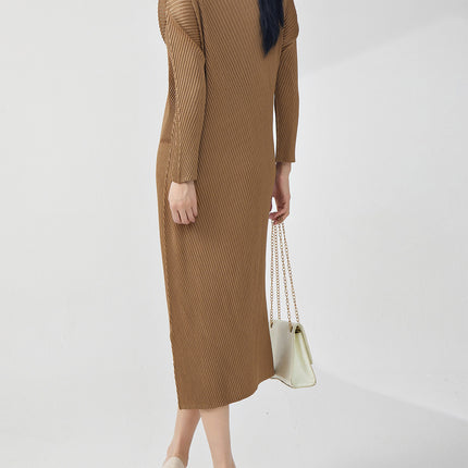 Early Autumn Women's Loose Long-sleeved All-match Fish-scale Pleated Miyake dress Western-style High-end Long Dress Elegant Base Dress