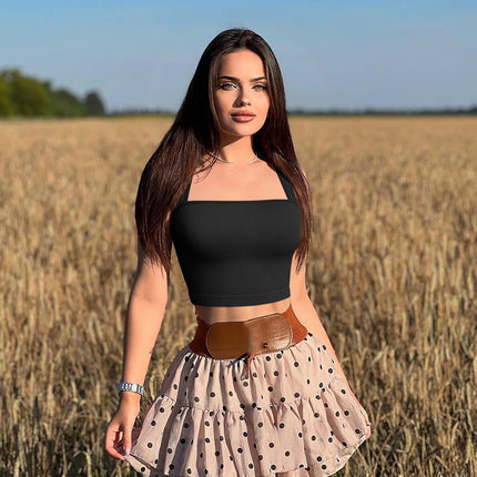 2024 European and American Amazon Temu Summer Women's Sleeveless Square Collar Stretch Shirt with Navel-Baring Suspender Short-Sleeved Vest
