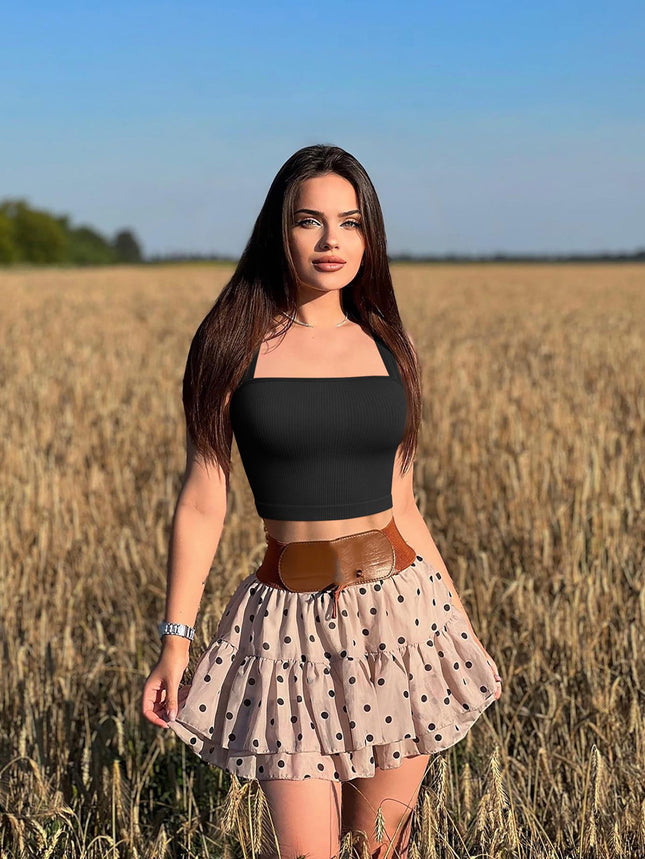 2024 European and American Amazon Temu Summer Women's Sleeveless Square Collar Stretch Shirt with Navel-Baring Suspender Short-Sleeved Vest