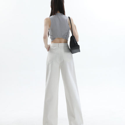 Spring 2025 New White Pleated Design Wide-leg Jeans Women's Loose Slimming All-match Simple Drape Straight