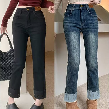 plus size Vintage Stretch Jeans Women's Autumn New chubby girl Small Slim Look High Waist Cropped Straight Pipe Pants