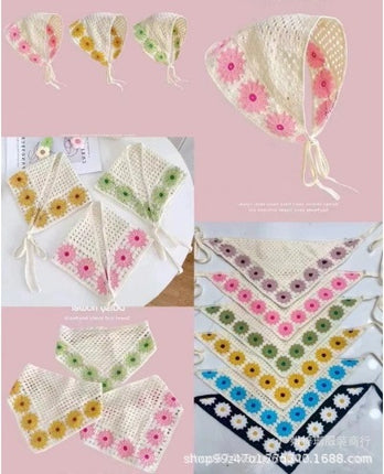 Hot Girl Internet Celebrant Photo Flower French Style Triangle Scarf Headscarf Women's Cute Knitted Hair Band Silk Scarf High-grade Headwear Summer