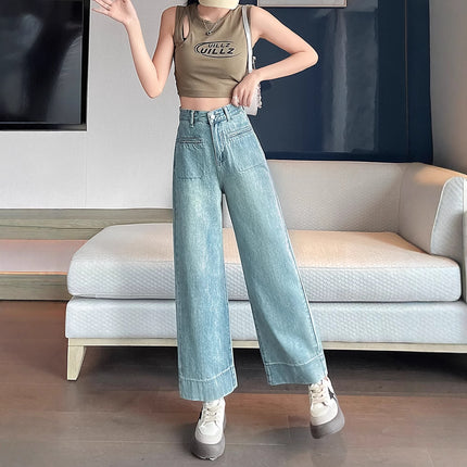 Spring and Autumn New Jeans Women's High Waist Slimming Loose Straight Pants Pear-Shaped Figure Retro All-Match Cropped Pants Ins