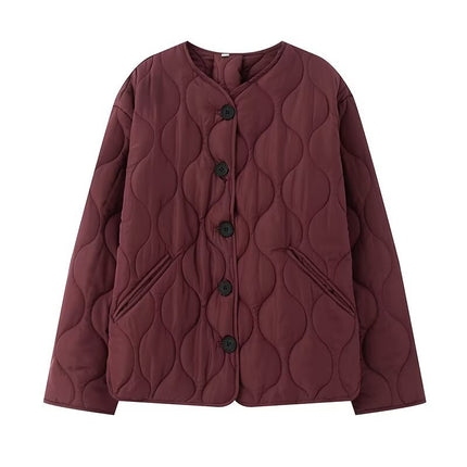 European and American Style Cross-Border Export Women's 2025 Fashionable Autumn and Winter Simple and Versatile Round Neck Long-Sleeved Cotton Jacket Quilted Cotton Jacket