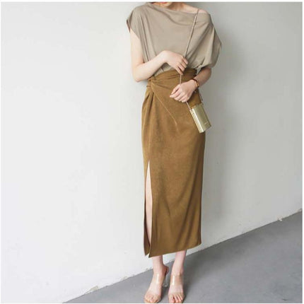 Mustard Matte Texture Cross-Design High-Waisted Side-Slit Over-The-Knee Skirt, Stylish and Fashionable Women's Bottom Garment