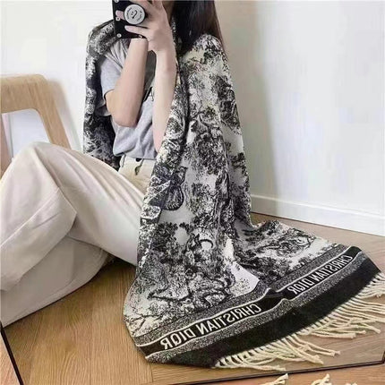 2024 Autumn and Winter Outer Wear Cold-Proof Warm Scarf Chinese Style Ink Painting Shawl Cloak Stacked Soft Neck Scarf