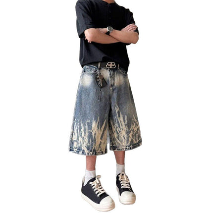 American High Street Lightning Pattern Shorts Men's Trendy Brand Design Handsome Cropped Pants Retro Washed Hip-Hop Style Jeans