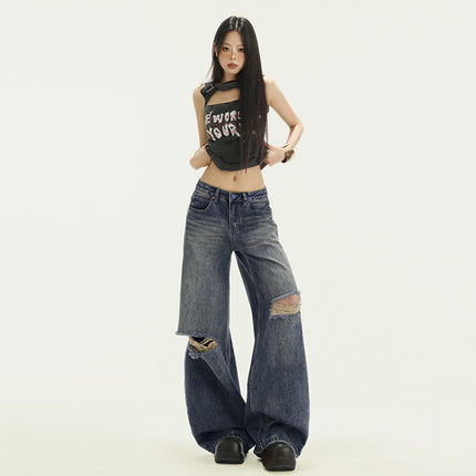 American Retro Ripped Wide Leg Jeans Women's 2025 Spring and Summer New Straight Loose High Waist Slim-Fit Mopping Pants
