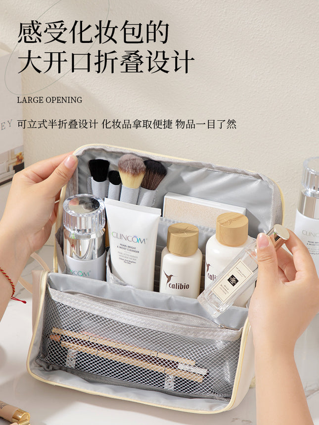 Pu Cosmetic Bag Large Capacity Handbag Portable Travel Essential Partitioned Pencil Case Cosmetic Storage Bag