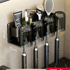 Black - four-person aluminum toothbrush holder + 4 mouthwash cups (no need to punch holes)