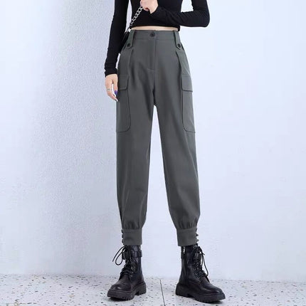 Women's Fleece-Lined Thickened Winter Korean-Style Cargo Pants, Jogger Loose Slimming Ins Harem Casual Pants for Students
