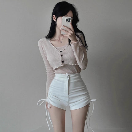 White High-Waisted Slimming Side Drawstring Shorts for Women 2026 Summer Tight-Fitting Stretchy Sexy Hot Girl Group Hot Pants