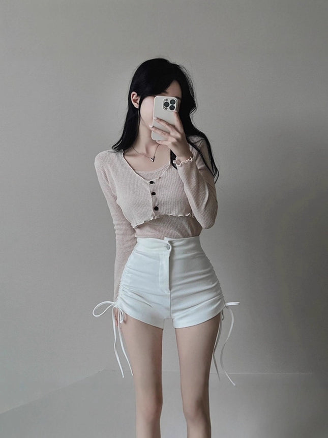 White High-Waisted Slimming Side Drawstring Shorts for Women 2026 Summer Tight-Fitting Stretchy Sexy Hot Girl Group Hot Pants
