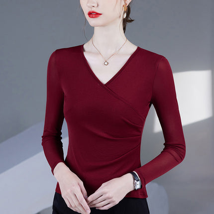 2025 Spring and Autumn New Cross V-Neck Mesh Bottoming Shirt Thin Long-Sleeved Top Women's Waist Covering Belly Fashionable Small