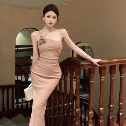 Pink Floral Halter Neck Strap Dress for Women, Summer Slim-Fit Backless Long Dress, Waist-Cinching, Figure-Flattering Bodycon Dress