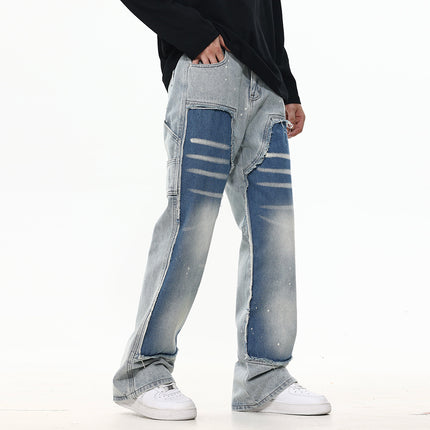 Contrast Color Stitching Cat Must Wash Water Denim Straight Pants Men's Trendy Brand Punk Splash Ink Spray Loose Casual Pants