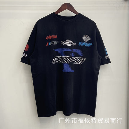 Cross-Border Far American Washed Distressed Short-Sleeved High Street Cross Lip Print Style Fashion Casual Loose Men's and Women's T-Shirts
