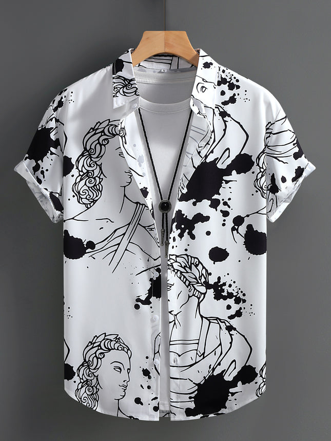 Casual Men's Black and White Character Men's Short-sleeved Shirt Men's Shirt Summer 2025 New Hawaii Vacation