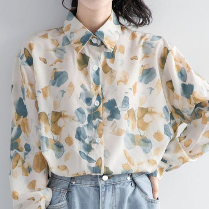 Personalized Printing ~ Retro Elegant Niche Hong Kong Style Long-Sleeved Shirt for Women Spring & Fall New Loose Casual Lapel Shirt