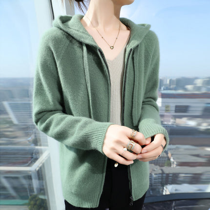 2024 Autumn and Winter New Pure Wool Hooded Sweater Cardigan Women's Loose Casual Zipper Knitted Sweater Coat Hoodie