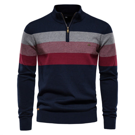 Fashionable Cross-Border Autumn and Winter Men's Half-Zip Sweater, Striped Patchwork Knitwear in Khaki Green