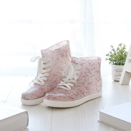 Japanese-Style Fashionable Student Lace-Up Rain Boots for Women, Short Water Shoes with Fleece Lining for Warmth, Slip-On Rain Boots, Waterproof Rubber Shoes, Lightweight