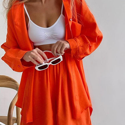 2024 spring European and American new solid color single-breasted long sleeve shirt loose fashion casual shorts suit in stock